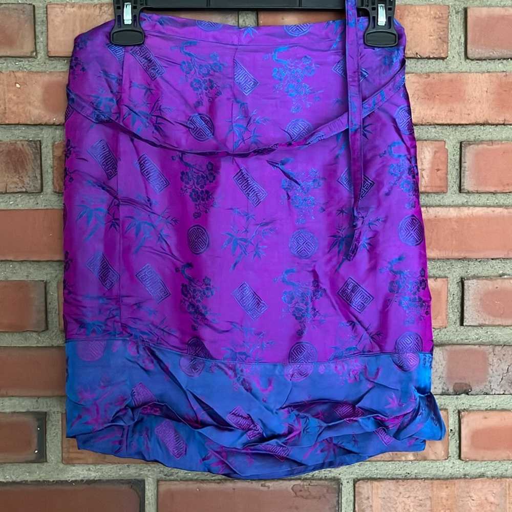 Om gallery small Vietnamese silk wrap skirt blue purple ornate print adjustable